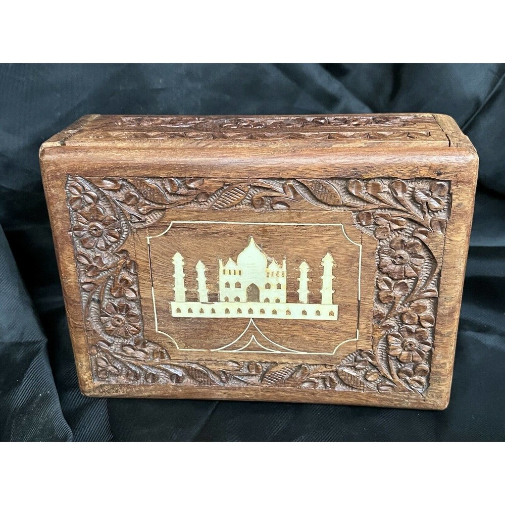 Hand Carved Wooden Box Taj Mahal Inlay Made In India By Archana Handicrafts 7"